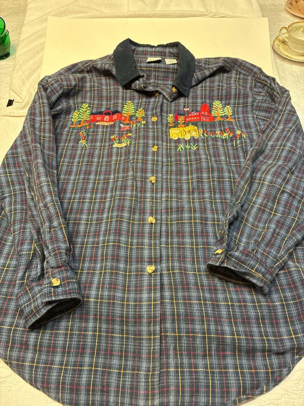 Cascade Blues Vintage Plaid Embroidered Schoolhouse Button-Down Shirt
